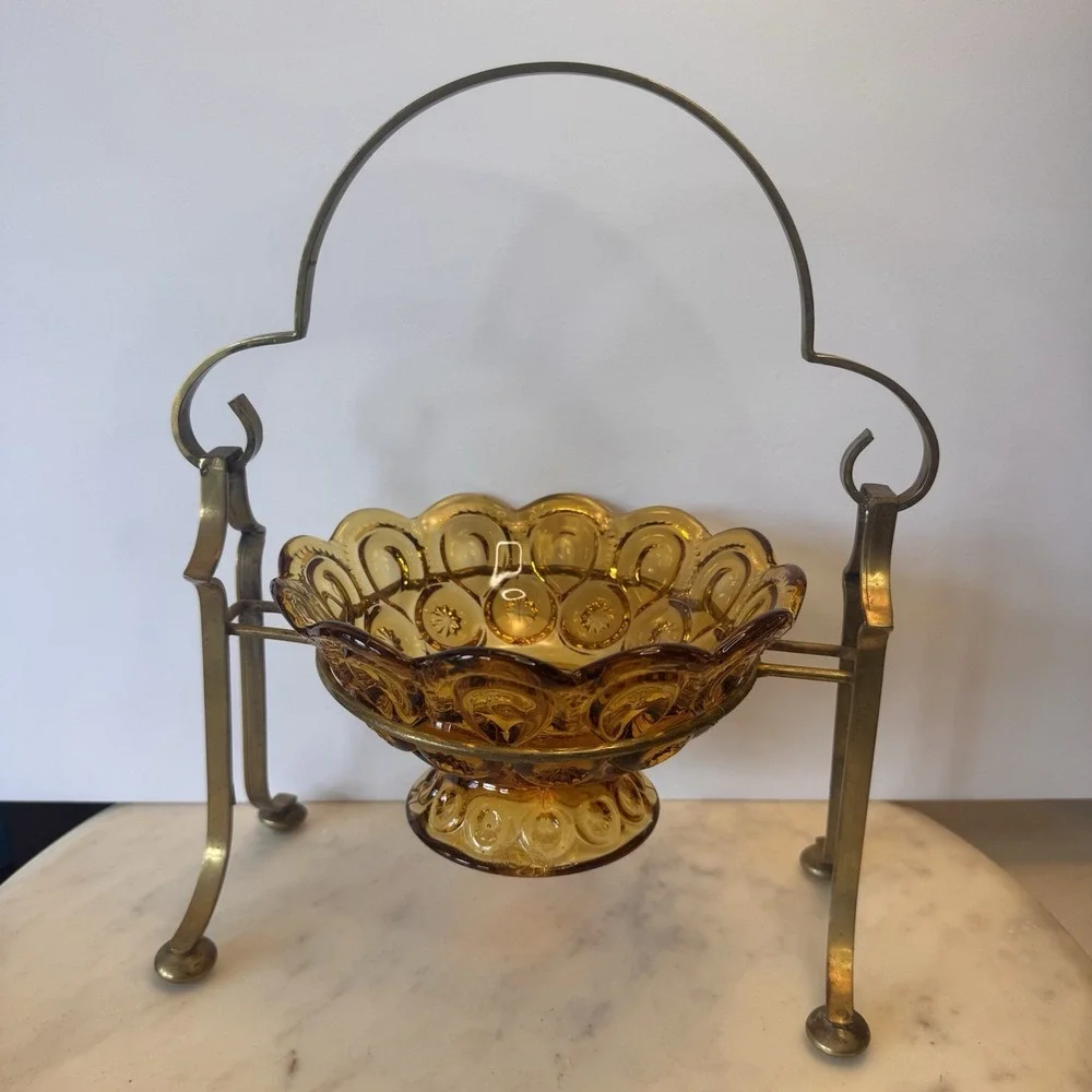 LE Smith Amber Glass Moon & Stars Pedestal / Bowl ~ Brass Arch Holder Stand